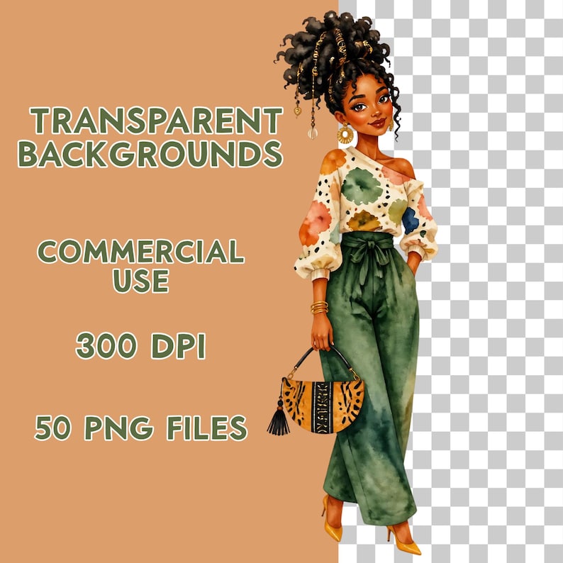 May include: Watercolor illustration of a stylish woman in green pants and a floral top, holding a patterned handbag. The image includes the text "TRANSPARENT BACKGROUNDS", "COMMERCIAL USE", "300 DPI", and "50 PNG FILES".