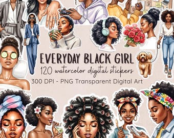 Pegatinas de acuarela para agenda con mujeres negras / Imágenes prediseñadas PNG de la vida cotidiana (descarga digital)