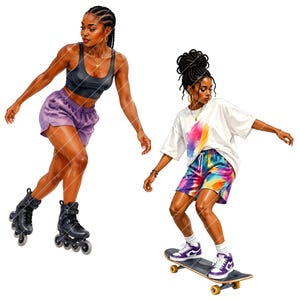 May include: Two illustrations of women in activewear. One is wearing a black crop top, purple shorts, and roller skates. The other is wearing a white t-shirt with a colorful design, tie-dye shorts, and sneakers while skateboarding.