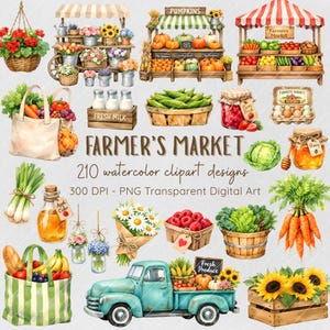 Könnte beinhalten: Aquarell-Illustration einer Szene auf dem Bauernmarkt. Marktstände mit Produkten, Blumen und einem Oldtimer-Truck voller Waren. Enthält Text: "Farmer's Market" und "210 watercolor clipart designs."