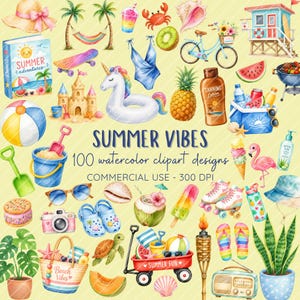 May include: A collection of watercolor clipart designs with a summer theme. The image includes a beach scene with a beach ball, sandcastle, sunglasses, and a red wagon with the text "SUMMER FUN". The text "SUMMER VIBES" is also visible.