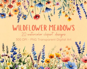 Watercolor Wildflower Meadow Clipart Bundle: Botanical PNG Images | Digital Download