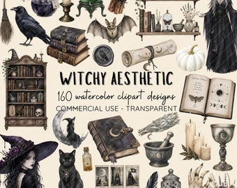 Witchy Clipart Bundle, 160 Watercolor Witch PNGs, Halloween Clipart, Gothic Apothecary PNG, Witchcraft (Digital Download)