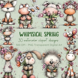 Puede incluir: Diseños de clipart de acuarela con animales primaverales caprichosos, como un zorro, una rana, un cerdo y un conejo, cada uno sosteniendo flores. El texto "WHIMSICAL SPRING" también está presente. 30 diseños.