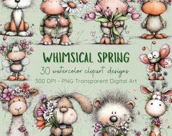 Whimsical Spring Animal Clipart Bundle PNG | 30 Watercolor PNGs | Digital Download | 300 DPI