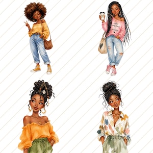 May include: Watercolor illustrations of four stylish Black women in various outfits. One wears a yellow off-the-shoulder top, jeans, and sneakers. Another holds a coffee cup and wears a pink sweater with the text "coffee confidence & prayers". The other two wear an orange top and a floral shirt.