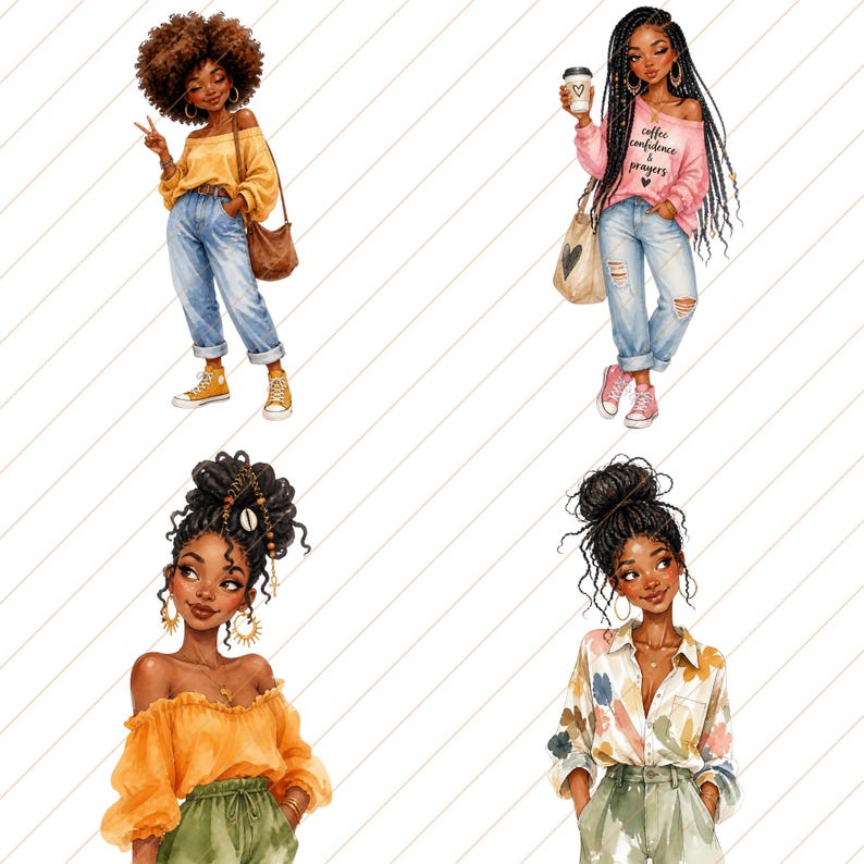May include: Watercolor illustrations of four stylish Black women in various outfits. One wears a yellow off-the-shoulder top, jeans, and sneakers. Another holds a coffee cup and wears a pink sweater with the text "coffee confidence & prayers". The other two wear an orange top and a floral shirt.