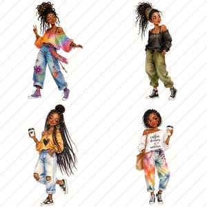 May include: Watercolor illustrations of four young women in stylish outfits. One wears a rainbow top and distressed jeans, another a black top and olive pants, a third a yellow top and ripped jeans, and the last a white top with the text "coffee dreams & ambition" and tie-dye pants.