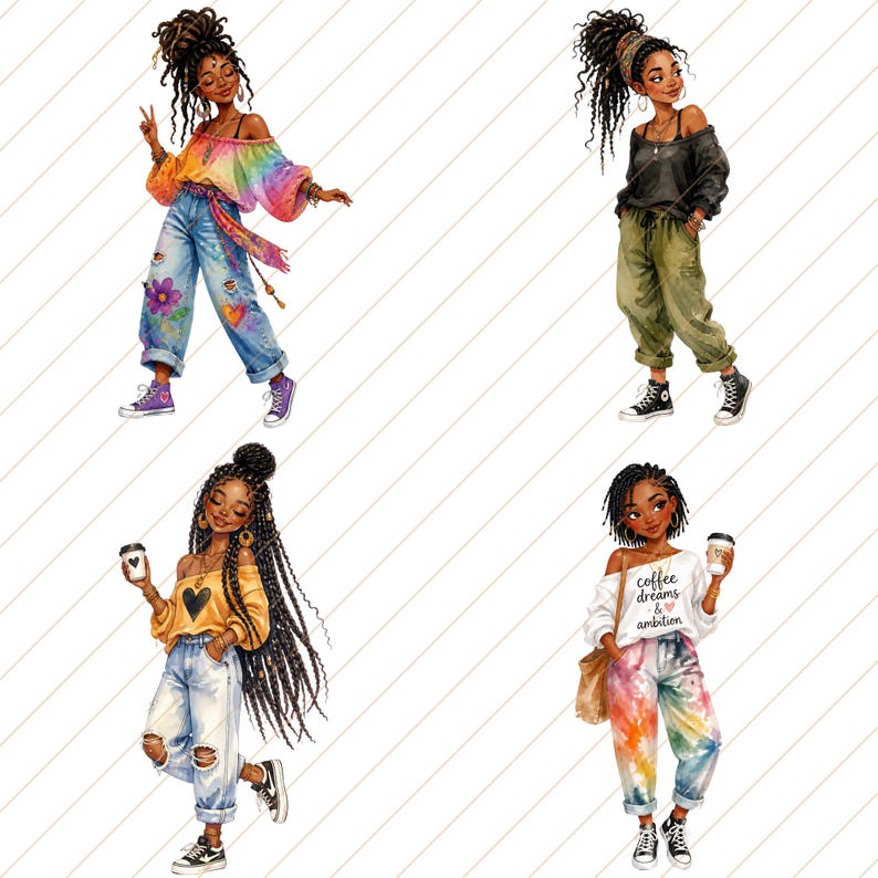 May include: Watercolor illustrations of four young women in stylish outfits. One wears a rainbow top and distressed jeans, another a black top and olive pants, a third a yellow top and ripped jeans, and the last a white top with the text "coffee dreams & ambition" and tie-dye pants.