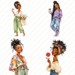 May include: Watercolor illustrations of four stylish Black women. Each figure is depicted in fashionable attire, holding items like coffee cups and flowers. One carries a tote bag with the text "Growing Through It."