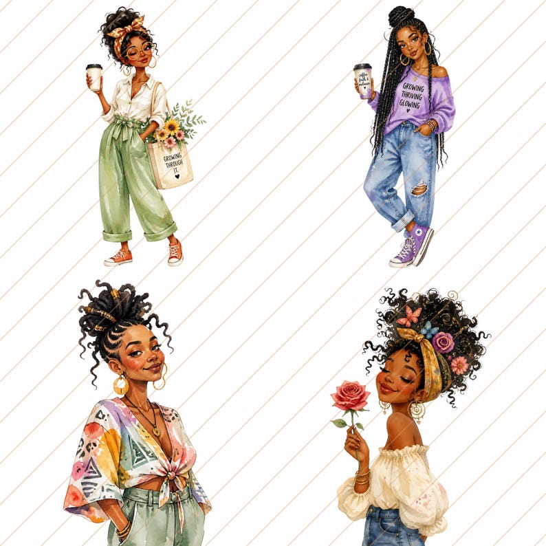 May include: Watercolor illustrations of four stylish Black women. Each figure is depicted in fashionable attire, holding items like coffee cups and flowers. One carries a tote bag with the text "Growing Through It."