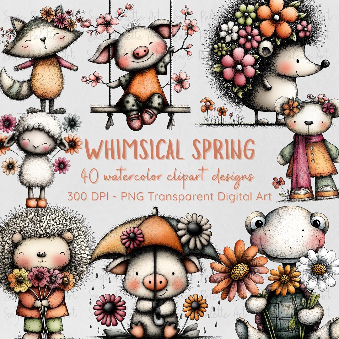 Bitmap Spring Animals Whimsical Spring Animal Clipart Bundle | 40 Watercolor Animal Pngs ...
