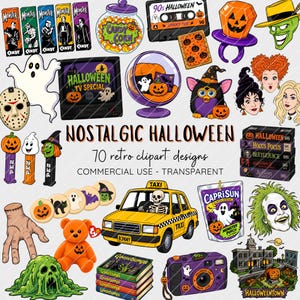 Puede incluir: Una colección de 70 diseños de clipart retro de Halloween que incluye ilustraciones de un esqueleto en un taxi, una silla morada con una calabaza, un casete etiquetado 90s Halloween, cintas VHS, dispensadores Pez, un fantasma y varios personajes.