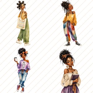 May include: Four watercolor illustrations of Black women in various outfits. One holds a tote bag with text, another wears patchwork pants, a third holds a coffee cup, and the last holds a book. The illustrations are set against a white background with diagonal lines.