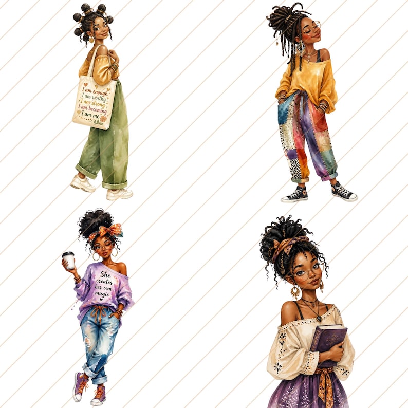 May include: Four watercolor illustrations of Black women in various outfits. One holds a tote bag with text, another wears patchwork pants, a third holds a coffee cup, and the last holds a book. The illustrations are set against a white background with diagonal lines.