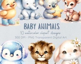 Paquete de imágenes prediseñadas de animales bebés en acuarela: Arte para guarderías y fiestas (descarga digital, 10 PNG)