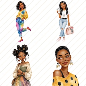 May include: Watercolor illustrations of four stylish Black women. One wears a yellow floral top and tie-dye jeans. Another holds a coffee cup and a pink purse. The third holds a book, and the fourth wears a yellow polka dot sweater and glasses.