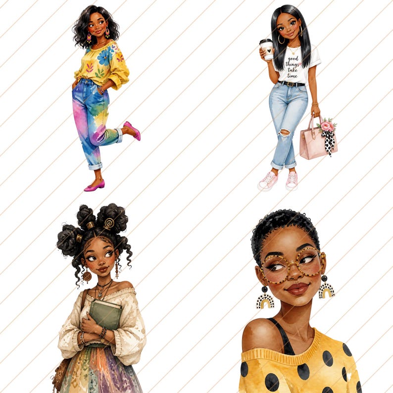 May include: Watercolor illustrations of four stylish Black women. One wears a yellow floral top and tie-dye jeans. Another holds a coffee cup and a pink purse. The third holds a book, and the fourth wears a yellow polka dot sweater and glasses.