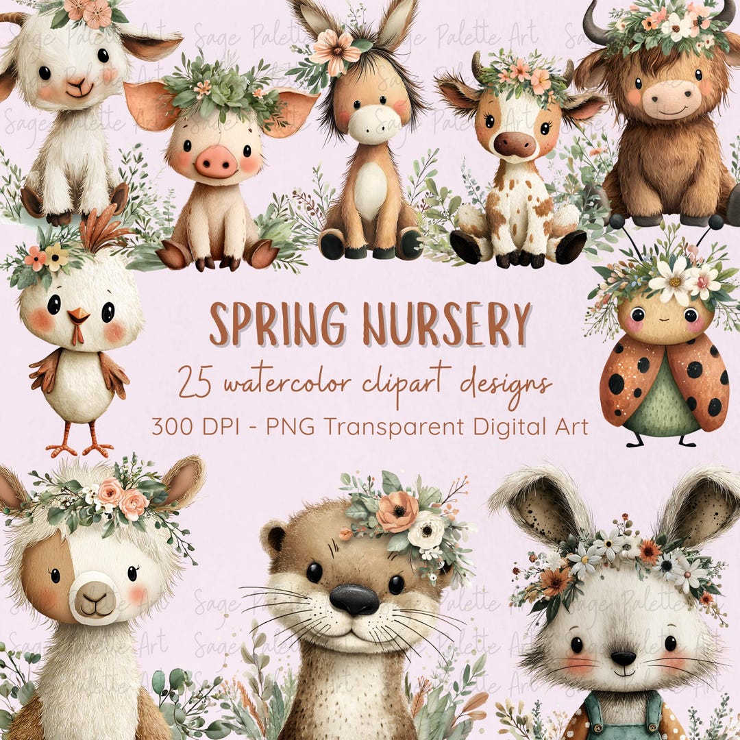 Spring Baby Nursery Watercolor Clipart Bundle – 25 Nursery Animal PNG ...