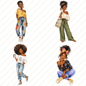 May include: Four watercolor illustrations of stylish Black women in various outfits. One wears a yellow off-the-shoulder top and floral jeans. Another has a white top and olive green pants. A third holds a coffee cup, and the last one is in a polka dot top.