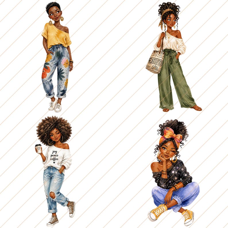 May include: Four watercolor illustrations of stylish Black women in various outfits. One wears a yellow off-the-shoulder top and floral jeans. Another has a white top and olive green pants. A third holds a coffee cup, and the last one is in a polka dot top.