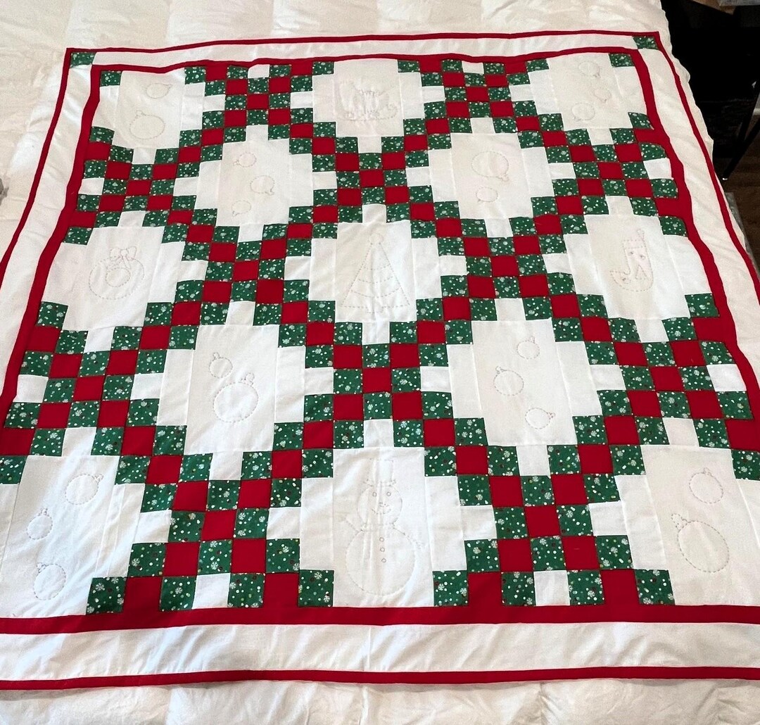 Handmade Christmas Irish Chain Throw Quilt: Red, Green & White, Hand ...