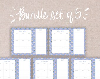 Set of 5 To Do List Notepads | Desk Weekly Planner Bundle Yellow Periwinkle Folk Inspired Large Oversized Notepad