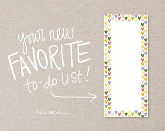 Heart Notepad, To Do List Notepad, Illustrated Multi-colored Hearts Folk Art