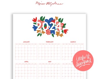 Printable Yearly Calendar, 2024 wall calendar, kitchen calendar, poster-size calendar, digital download