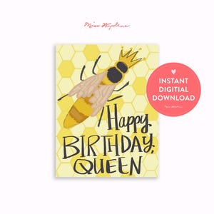 Carte d'anniversaire numérique, carte d'anniversaire imprimable, carte d'anniversaire reine des abeilles pour elle, carte d'anniversaire en téléchargement numérique pour meilleure amie soeur maman