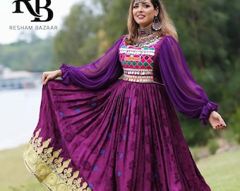 Purple Afghan Velvet Dress: Kuchi Mirrorwork Embroidery, Matching Scarf