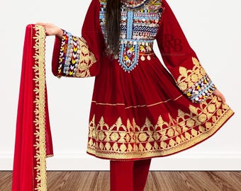Red Velvet Afghan Dress: Hand-Embroidered Kuchi Wedding Outfit