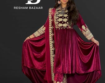 Embroidered Velvet Afghani Dress: 3-Piece Charma Dozi Outfit