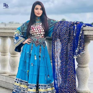 Afghan Kuchi Dress for Women – Handmade Traditional Dress with Mirror Work & Embroidery – Blue Ethnic Party Outfit – Resham Bazaar