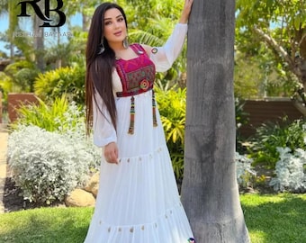 Handmade White Afghan Kuchi Dress: Embroidered Bodice, Mirrorwork