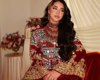 Handmade Velvet Afghan Bridal Dress: Maroon Kuchi Gown with Gold Embroidery