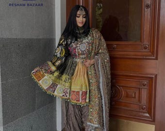 Handcrafted Jamawar Afghan Dress with Embellished Shawl: Traditional Wedding Outfit