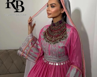 Handmade Pink Afghan Kuchi Dress: Embroidered Ethnic Gown with Veil