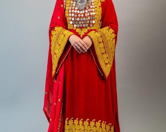 Handcrafted Red Velvet Afghan Dress: Golden Embroidery, Kuchi Style