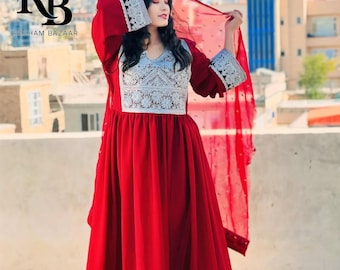 Handmade Red Afghan Dress: Silver Embroidery, Velvet Kameez & Dupatta