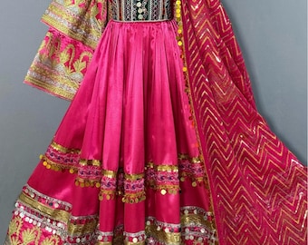 Pink Afghani Dress: Kuchi Embroidered Gown with Dupatta