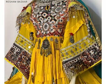 Handmade Yellow Afghan Kuchi Dress: Mirror & Embroidery, Tribal Style