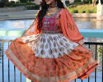 Embroidered Afghan Dress: Banaras Fabric, Chiffon Sleeves, Satin Pants