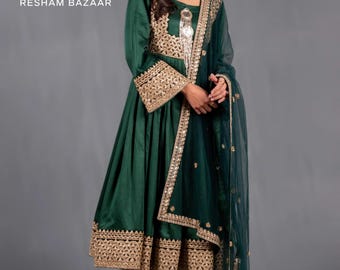Bottle Green Afghan Anarkali Dress Set: Raw Silk, Sequin Embroidery