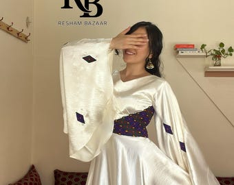 Handmade White Satin Afghan Dress: Balochi Embroidery, Flowing Sleeves