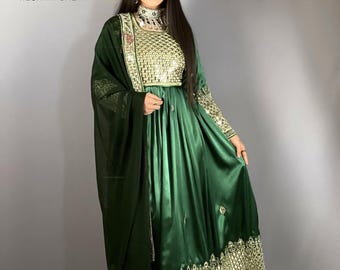 Green Afghan Dress: Gold Mirrorwork Silk Anarkali Outfit