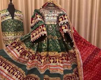 Afghan Kuchi Dress Set: Green Velvet Cherma Embroidery, Coins, Vest