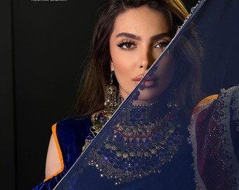 Embroidered Velvet Afghan Dress: Handmade Kuchi Outfit with Silk Pants