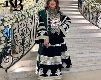 Black Velvet Afghan Dress: Kuchi Embroidery, Mirrorwork Attan Outfit