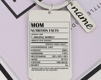 Personalized Mom Nutrition Facts Keychain – Engraved Stainless Steel with Optional Name Charm – Mother's Day Gift Idea